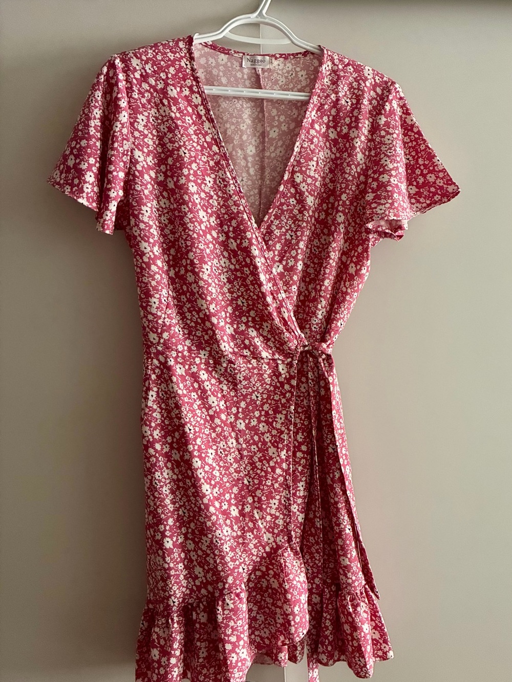 Pink floral wrap dress with tie waist